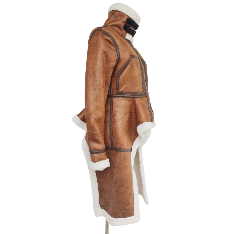 TWOTWINSTYLE лоскутное пальто из искусственной кожи и овечьей шерсти воротник с лацканами длинный рукав неровный подол хит цвет куртки женские одежда