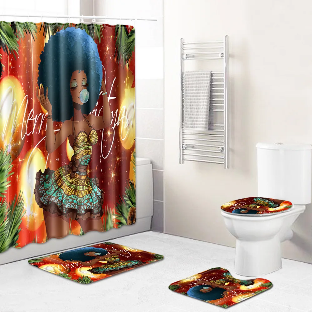 Christmas Shower Curtain For Bathroom Polyester Fabric Home Decor Curtain Non-slip Bath Mat Toilet Cover Kitchen Drop Shipping