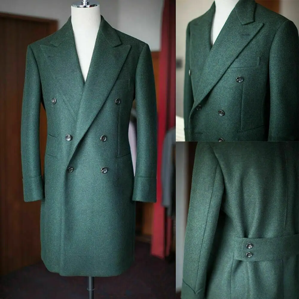 

Green Long Coat Thick Greatcoat Wool Men Suits Peaked Lapel Outfit Custom Made One Piece Overcoat High Quality Jacket