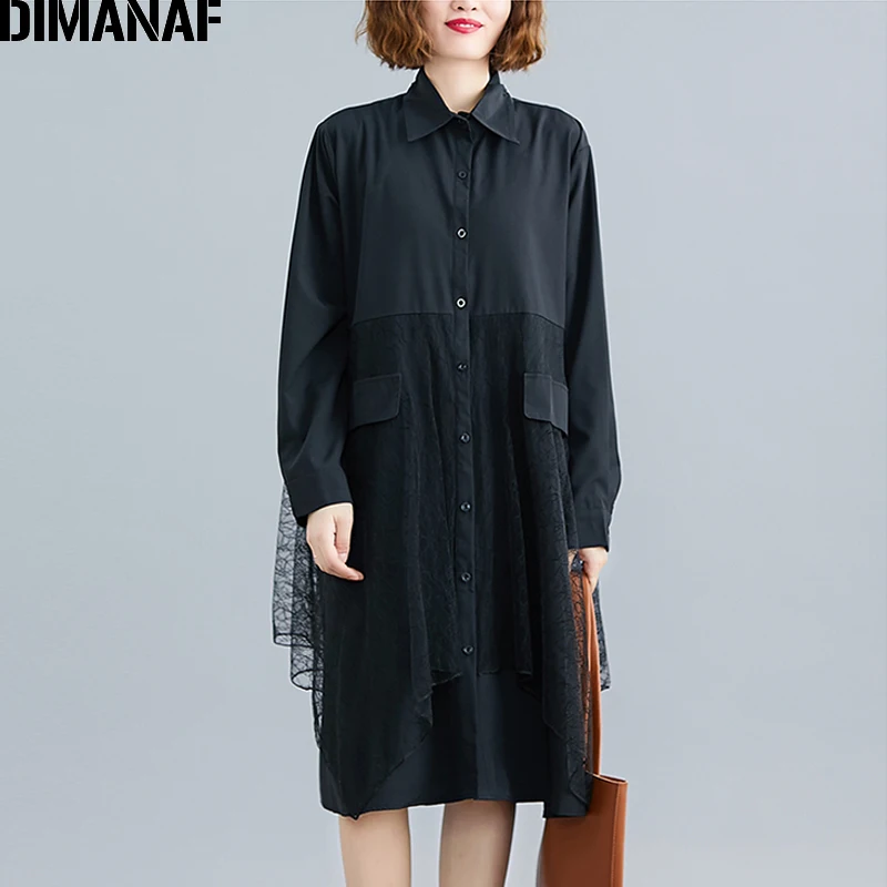 DIMANAF размера плюс женская блузка рубашка элегантные офисные женские топы туника с длинным рукавом Свободная Повседневная Женская одежда с кружевами черного цвета