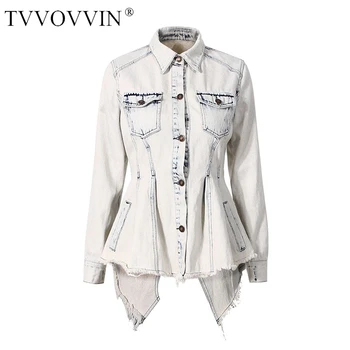 

TVVOVVIN Irregular Women Blouse Vintage Denim Woman Blouses Shirts Asymmetry Hollow Out Jean Tops Long Sleeve 2020 Fashion Z4AF