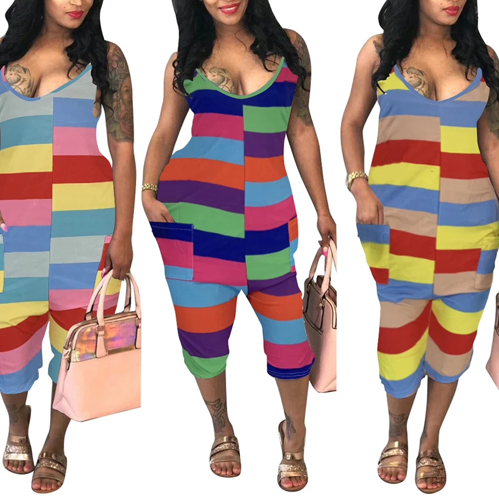 

Fadzeco Women Jumpsuit Stripe Print Spaghetti Straps Print Midi Length Rompers One Piece Jumpsuit Playsuit
