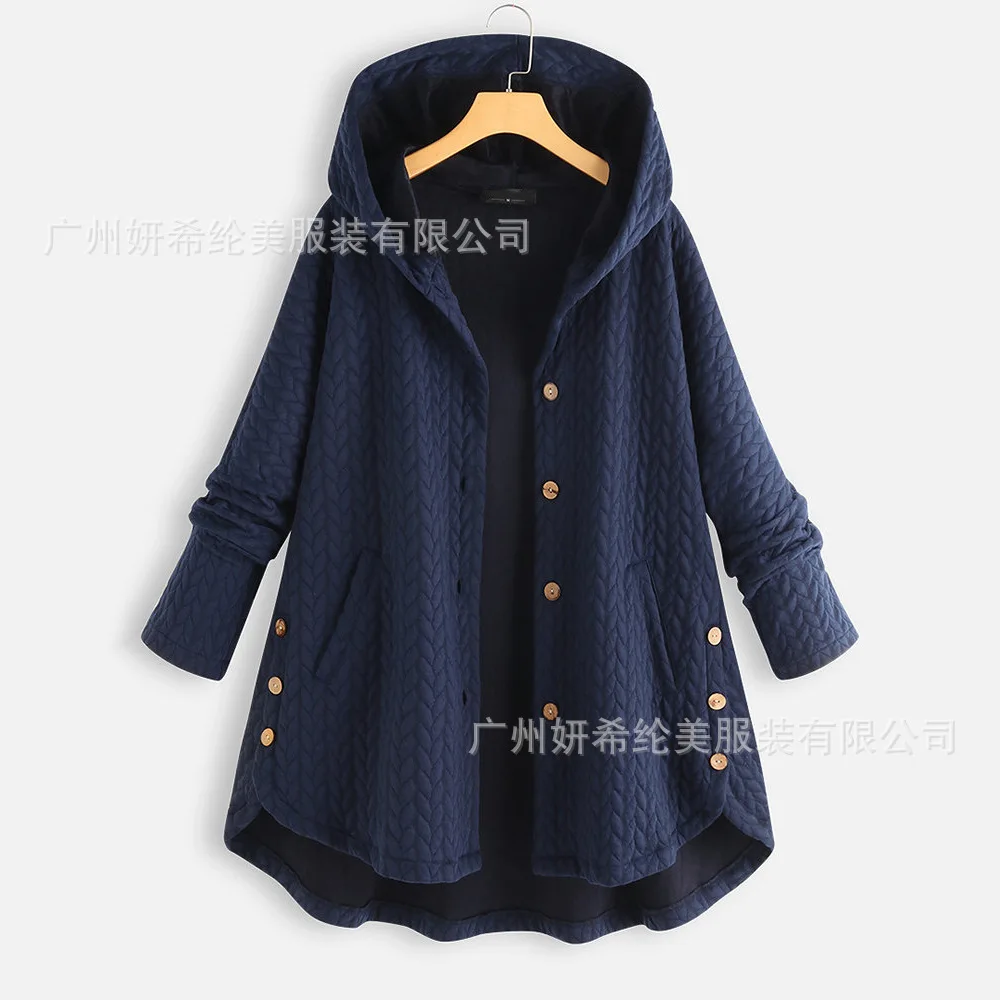 

2019 Europe And America Autumn And Winter New Style Solid Color Hooded Single-Breasted plus Velvet WOMEN'S Coat Irregular Mid-le