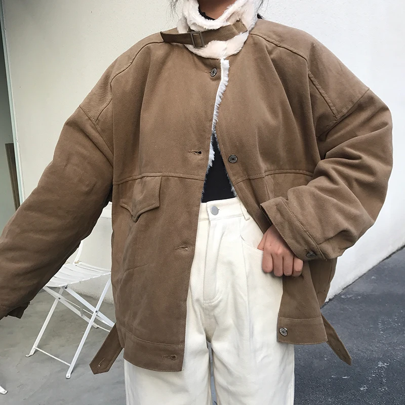 Для фотосессии красивое пушистое плотное Пальто Harajuku со стоячим воротником рабочая одежда с хлопковой подкладкой Женская 126155