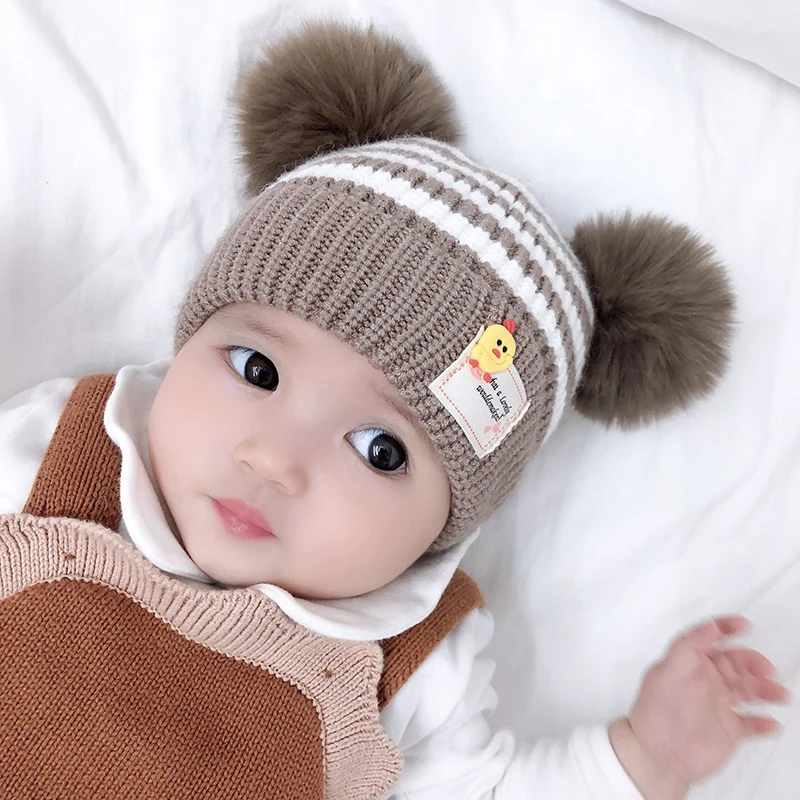 

Fashion Child Caps Cute Infant Baby Pompon Winter Hat Double Fur Ball Hat Kids Warm Knitted Hat Newborn Beanie Cap
