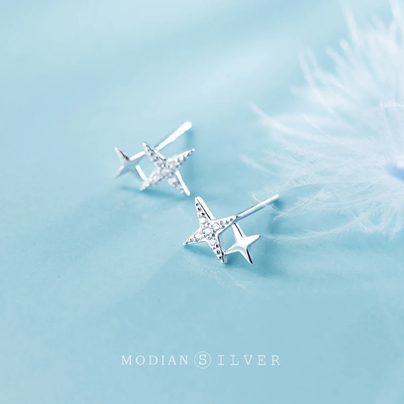 Modian Luxury Clear CZ Sparkling Stars Cute Galaxy Stud Earrings Fashion Female Real 925 Sterling Silver Jewelry For Women Gift