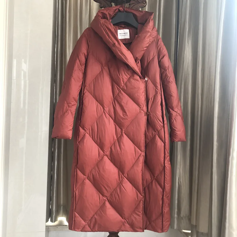 YNZZU, одноцветная, винтажная, зимняя куртка для женщин,, длинный стиль, с капюшоном, теплый, белый утиный пух, пальто, свободная, женская верхняя одежда размера плюс, A1401