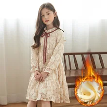 Платье для девочек, новое осенне-зимнее милое кружевное платье принцессы из плотного бархата для девочек, Модное детское платье для девочек 6, 8, 10, 12, 14 лет