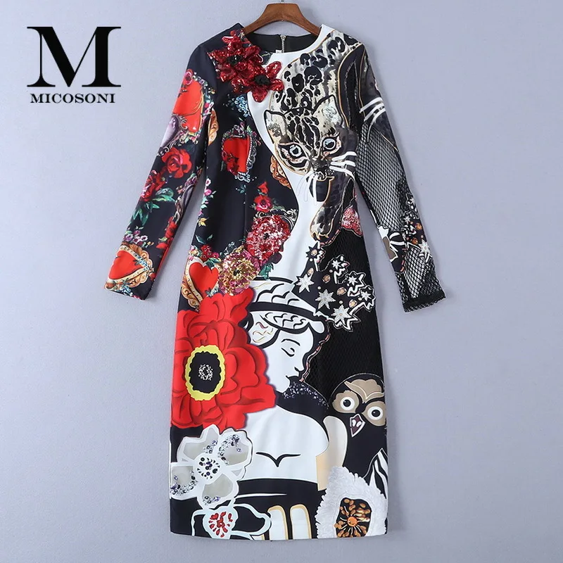 

High Quality Autumn 2019 New Women's Mesh Long Sleeve Three-dimensional Decorative Sequined Leopard Beauty Owl Printed Dresses