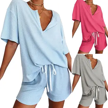 

Ribbed Women Sleepwear Solil Colour Two Peices Set Deep V Neck Half Sleeve Drawstring Short Pant Ladies Sleeping Clothes