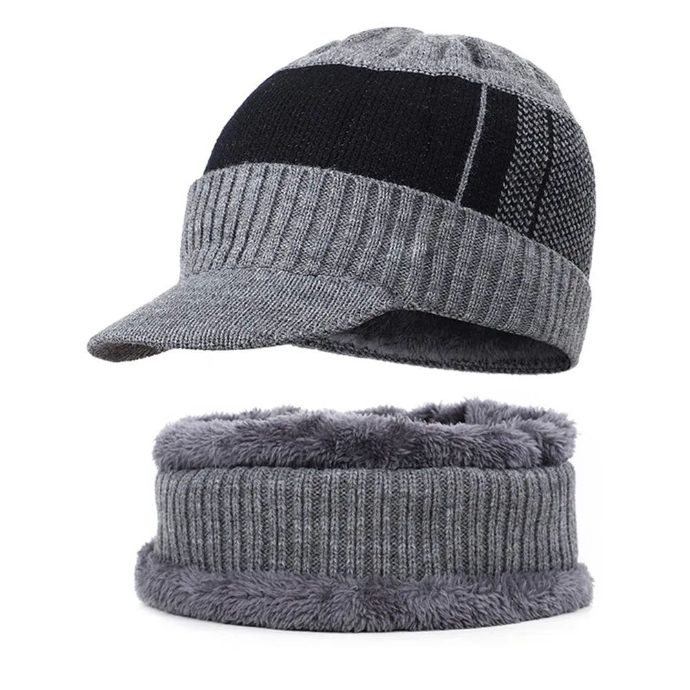 Мужская зимняя теплая шапка, вязаная шапка с флисовой подкладкой, мягкая дышащая шапка с петлями для шарфа, набор NFE99 - Цвет: Grey hat and scarf