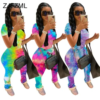 

Plus Size Rainbow Tie Dye Two Piece Set Summer Clothes For Women Short Sleeve Slim Fit Top And Stacked Leggings Pant Sweat Suits