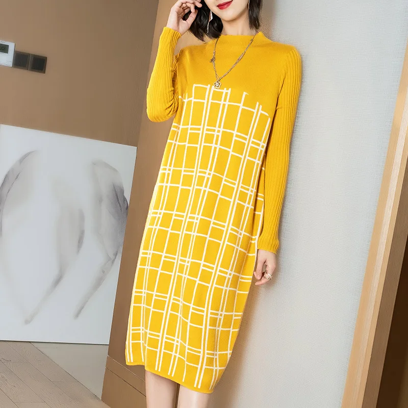 D907006 Lattice Stripe Sweater Skirt Suit-dress 2019 Loose Wool Knitting Dress D907006 Lattice Stripe Sweater Skirt Suit-dress 2019 Loose Wool Knitting Dress
