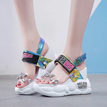

2019 Summer Women Sandals Fashion Transparent Diamond Wedge Sandal Rhinestone High Heels Chunky Platform Shoes Woman