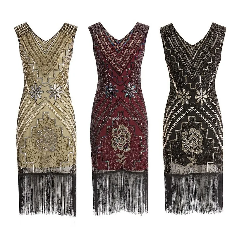 1920s great gatsby bling vestido de lantejoulas com miçangas decote em v profundo franjas flapper vestidos retro preto festa senhora vestido para mulher