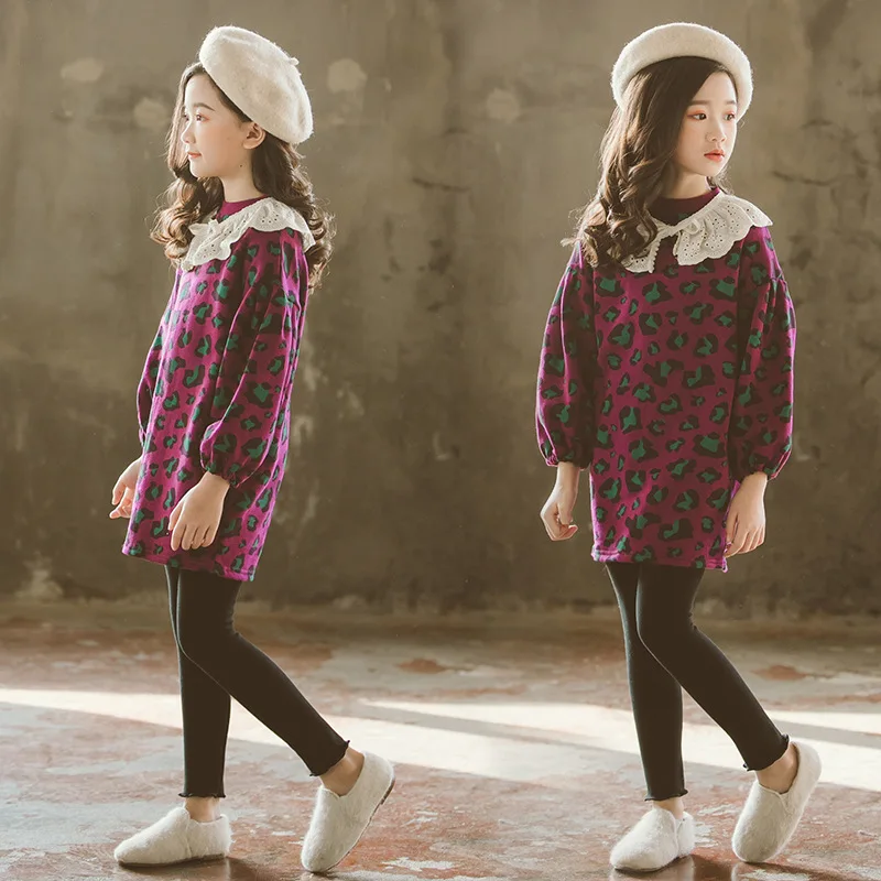 Платья для девочек г., новые модные осенние Хлопковые Платья с леопардовым принтом платья для маленьких девочек свитер с леопардовой раскраской и кружевным воротником, платье#8023