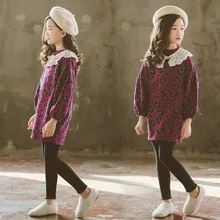 Платья для девочек г., новые модные осенние Хлопковые Платья с леопардовым принтом платья для маленьких девочек свитер с леопардовой раскраской и кружевным воротником, платье#8023