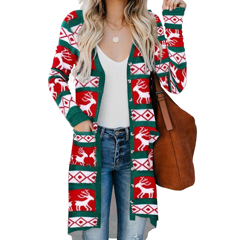 Spring And Autumn New European And American Long Knitting Cardigan Casual Loose V-Neck Long Sleeve Christmas Coat