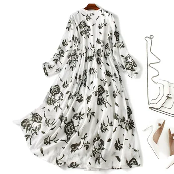 

Ramie dress autumn 2020 new heavy industry embroidery dress fashion single-breasted A-line dresses