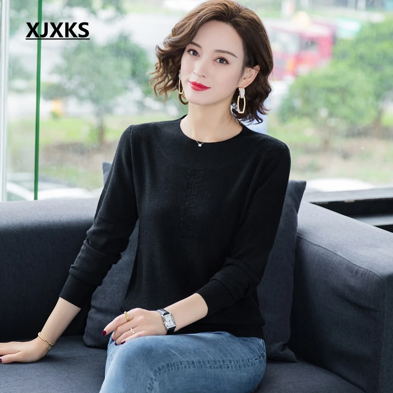 XJXKS Pull Femme Nouveaute элегантный шерстяной пуловер для женщин сплошной цвет универсальный длинный рукав вязаный женский свитер - Цвет: Черный