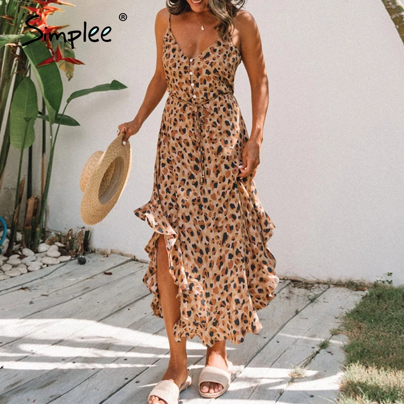 Simplee Leopard print women dress Sexy sleeveless ruffled high waist summer dress V-neck buttons beach wear holiday dress 2020 Simplee Leopard print women dress Sexy sleeveless ruffled high waist summer dress V-neck buttons beach wear holiday dress 2020