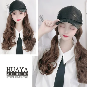 

HUAYA Wig Heat Resistant Synthetic Long Wavy Curly Wigs New Fashion Sequins Hat Wig Adjustable Size Hat Wig