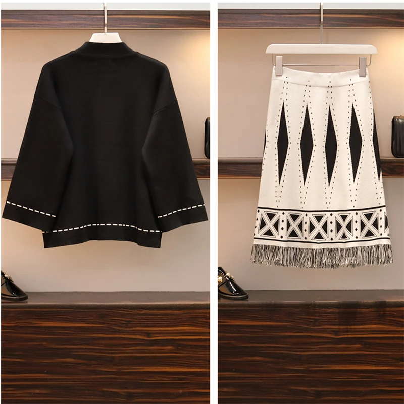 Женский вязаный комплект из 2 предметов размера плюс L-4XL, новинка, осенне-зимний женский пуловер с высоким воротом, свитер+ юбка трапециевидной формы с кисточками, костюмы
