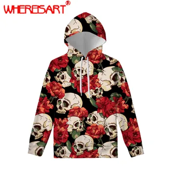 

WHEREISART Skull Rose Flower Printed Sweatshirt Vintage Plus Size Loose Hoodies Women Hoodie Long Sleeve Crop Top Female Mujer
