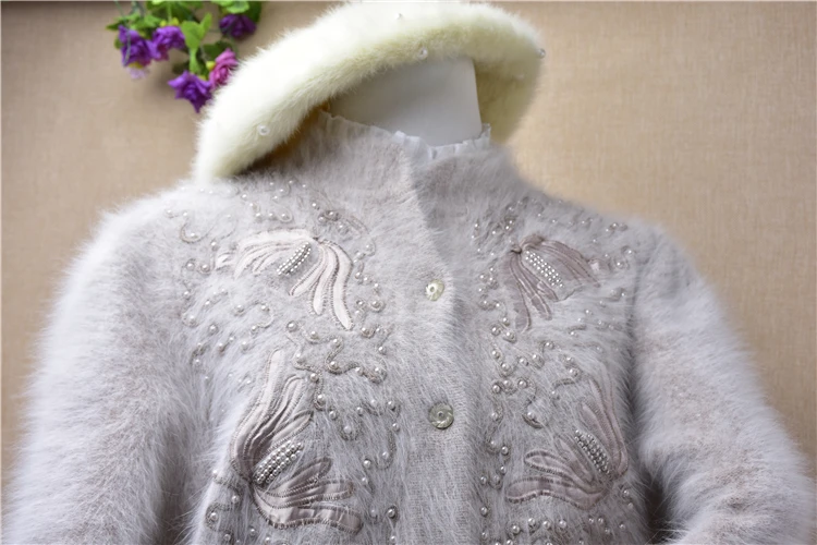 Женский свитер из натурального кроличьего меха в китайском стиле, норковый свитер с круглым вырезом, вышитый бисером и жемчугом, осенняя модная куртка с длинным рукавом, кардиганы