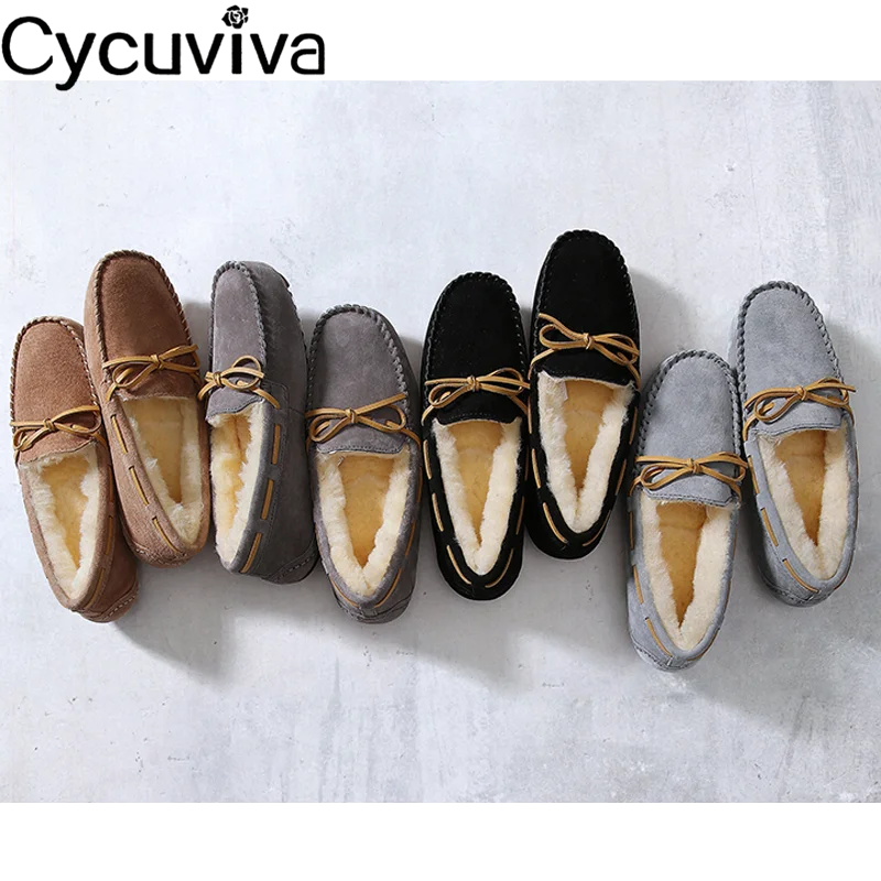 New Bow Wool Boots For Women Concise Slip On Casual Flat Shoes Woman Comfy Warm Runway Ankle Boots Natural Fur Winter Shoes
