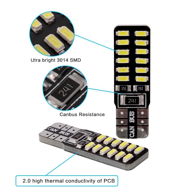 10 шт. T10 светодиодный светильник CANBUS 3014 24 SMD для салона автомобиля W5W/194 168 габаритный светильник Авто лампочка источника резервная лампа белого цвета