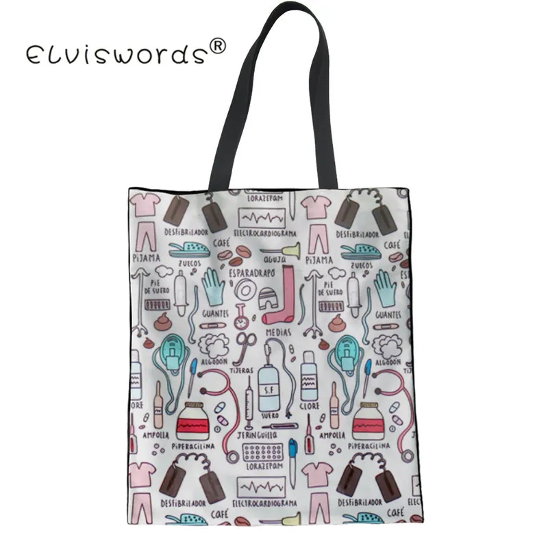 

ELVISWORDS Nurse Printing Canvas Shopping Bag Girls Casual Reusable Folded Shoulder Bag Ladies Women Messenger Bags Cute Totes