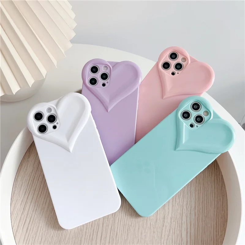 

3D Candy Color Cute Love Heart Phone Case For iPhone 11 12 13 Pro Max X XR XS Max 7 8 Plus Plain Soft Shockproof Back Cover