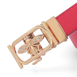 High Quality Bee Automatic Buckle Thin Belt 2.4cm Genuine Leather Luxury Strap Fancy Jeans Female Famous Brand Casual Tight Red
