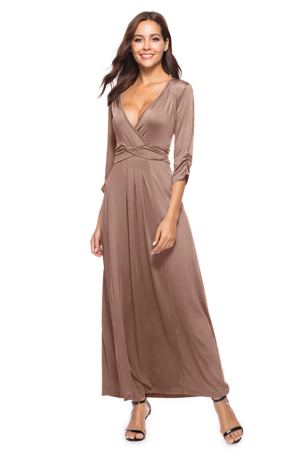 Sexy V neck Solid Black Formal Party Maxi Dress for Winter 3/4 Sleeves Vintage Floor-Length Occation Club Dress Plus Size