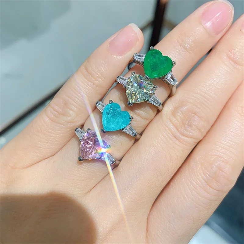 Qtt Squisito Cuore Ridimensionabile Anello Paraiba Smeraldo Tormalina Pietra Promessa Anello Per Le Donne Ragazza Festa Di Fidanzamento Di Nozze