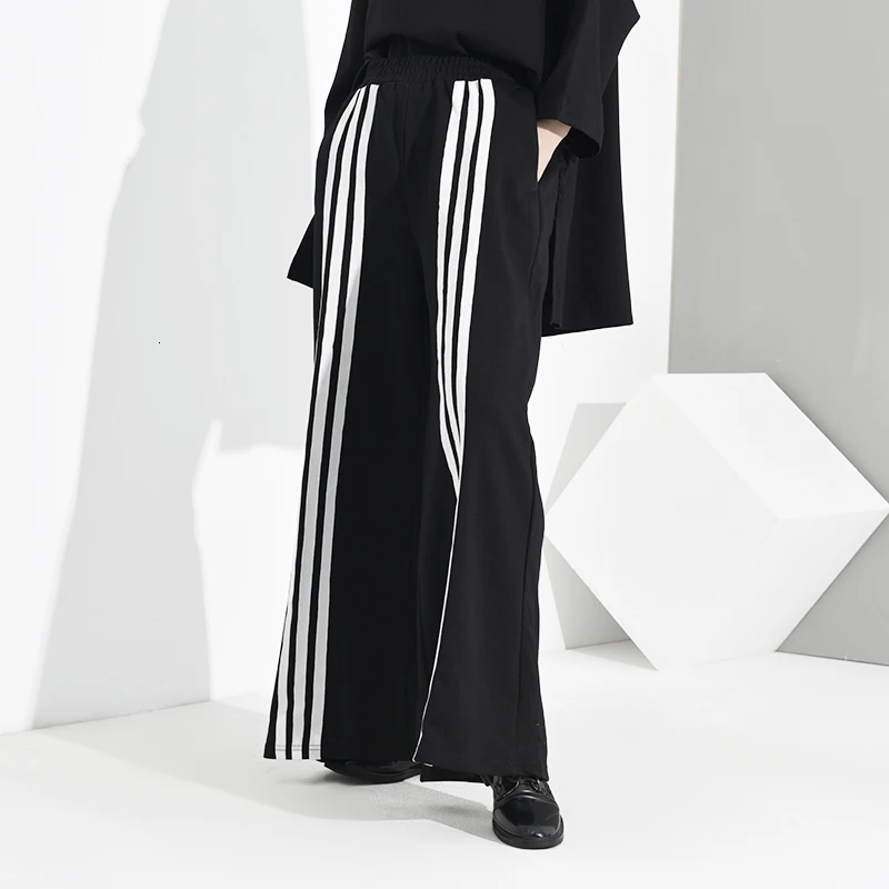 [EAM] Черные Полосатые длинные широкие брюки с высокой эластичной талией, новые свободные брюки, женские модные весенне-осенние 1D8300