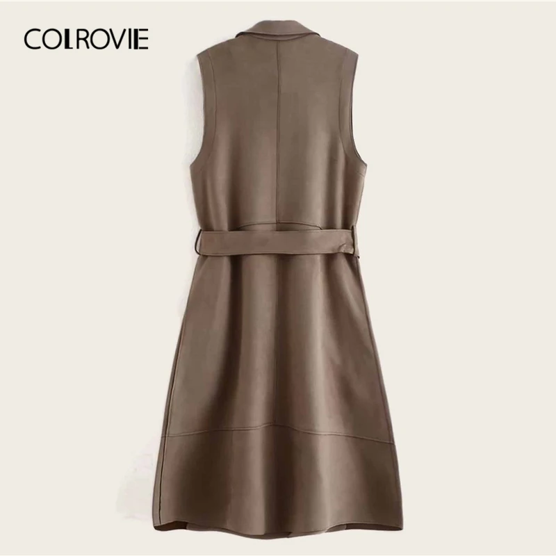 COLROVIE, коричневый замшевый Тренч с отворотом, с поясом, без рукавов, средней длины, Женское пальто, Осень-зима, однотонный жилет, женская элегантная верхняя одежда