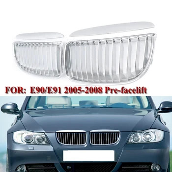 

NEW-2Pcs Chrome Front Bumper Kidney Grill Grille For-BMW E90 E91 320I-335I 4DR Sedan Wagon 2005-2008