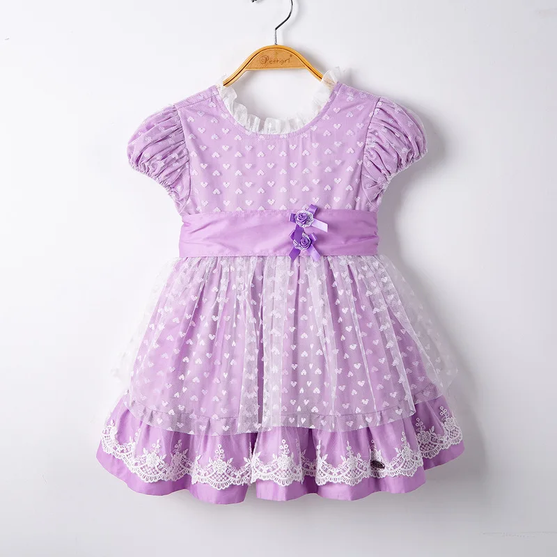 Милое фиолетовое платье для девочек летние сетчатые платья принцессы в форме сердца для девочек с бантом и двойными цветами, EG-DMGD112-B481