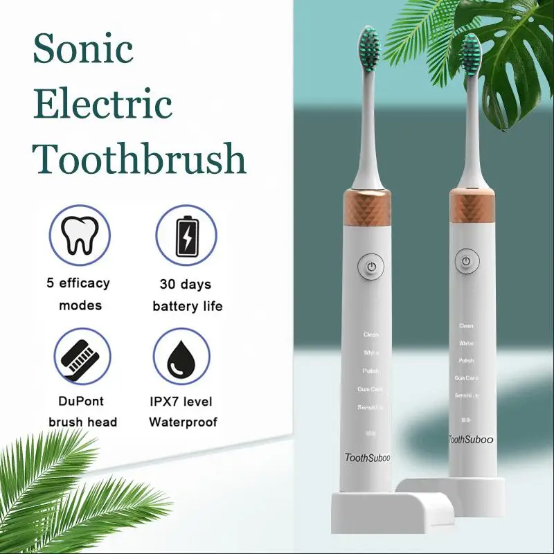 

Ultrasonic Electric Toothbrush Waterproof Adult Rechargeable 5 Modes with 2 Brush Heads Automatic Electric Toothbrush Cover USB