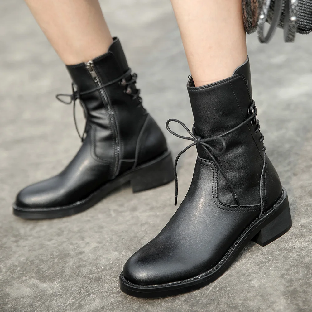 

SARAIRIS Genuine Leather Brand Newer 2019 Square Heels Boots Woman Shoes Women's Shoelaces Motorcycles Boots Female