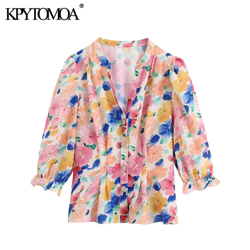 KPYTOMOA Women 2020 Fashion With Jewel Buttons Floral Print Blouses Vintage V Neck Three Quarter Sleeve Female Shirts Chic Tops KPYTOMOA Women 2020 Fashion With Jewel Buttons Floral Print Blouses Vintage V Neck Three Quarter Sleeve Female Shirts Chic Tops