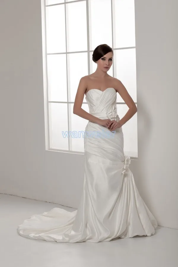 

free shipping 2014 new design hot bridal gown good quality custom size/color handmade flower small train sheath wedding dress