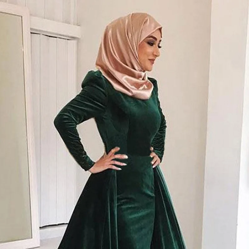 SHJ570 зеленые мусульманские Вечерние платья Русалка длинное вечернее платье с рукавами бархат исламский Дубай Саудовская Арабский длинное платье для выпускного вечера - Цвет: color as picture