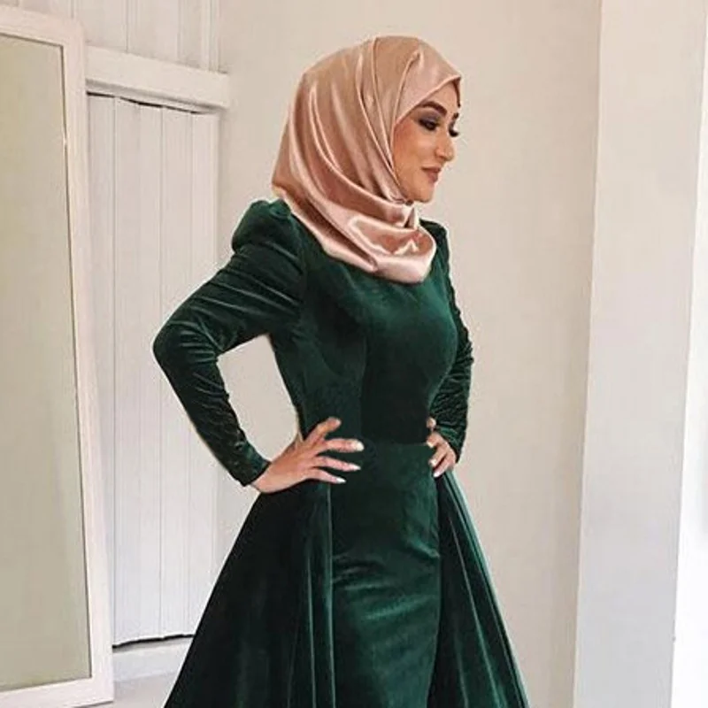 color as picture SHJ570 зеленые мусульманские Вечерние платья Русалка длинное вечернее платье с рукавами бархат исламский Дубай Саудовская Арабский длинное платье для выпускного вечера - Цвет: color as picture