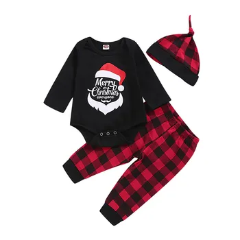 価格 新生児クリスマスロンパースボディスーツ + チェック柄パンツセットベビーボーイズガールズファッションかわいいプリント長袖 детская одежда