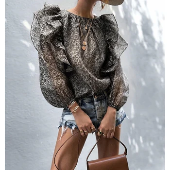 

2019 Elegant Fashion Loose Long Sleeve Chic Blouse Shirt Autumn Women Ruffles Design Lantern Sleeve Print Blouse