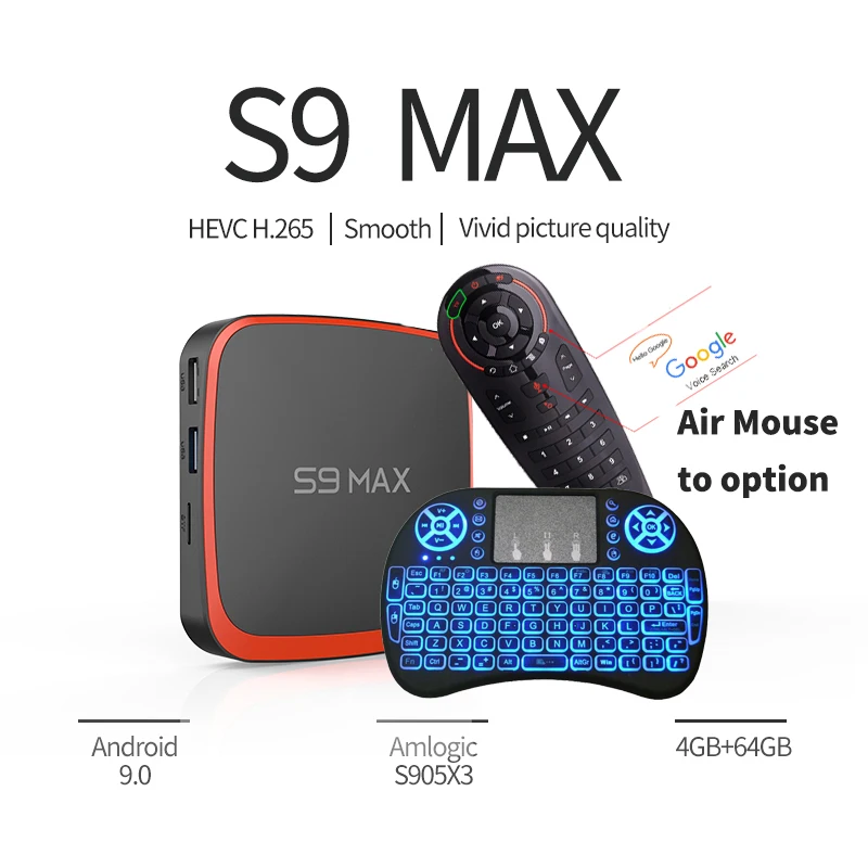 S9 MAX TVBox Smart Android 9.0 TV Box Amlogic S905X3 2.4G/5GHz Wifi 4K Media Player 4GB RAM 64GB Youtube Set Top Box PK X96 Air