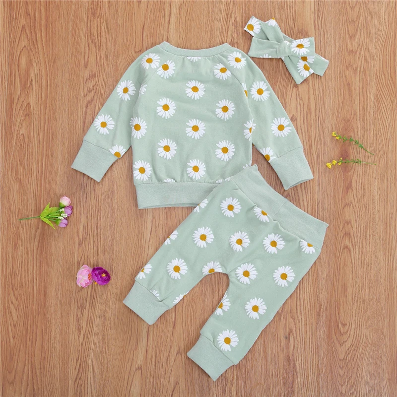 Spring New Fall Autumn Infant Baby Girls 3Pcs Set Long Sleeve Lovely Print Top Pants Headband Toddler Outfits Clothes